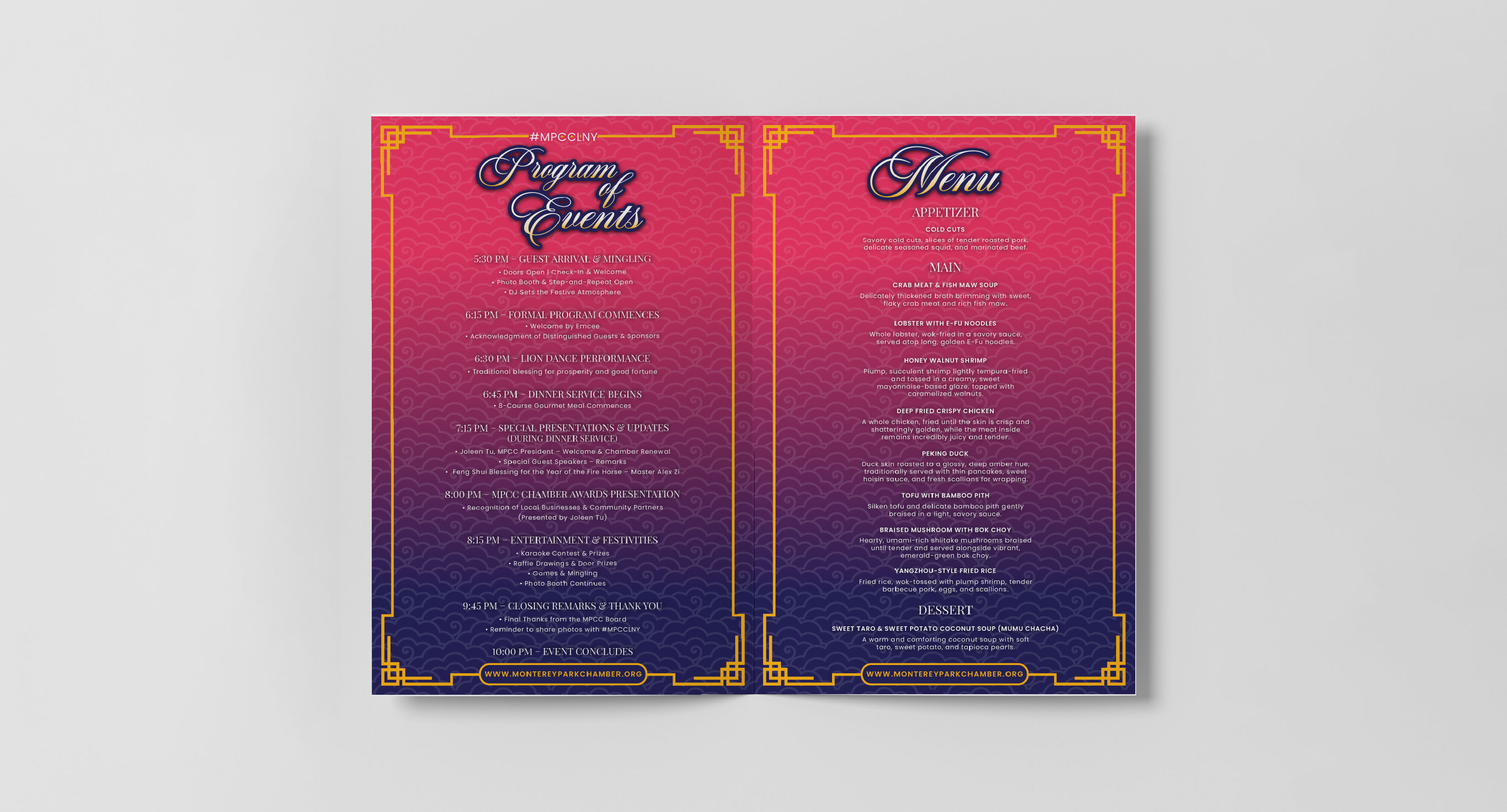 Lunar New Year booklet program of events and banquet menu spread