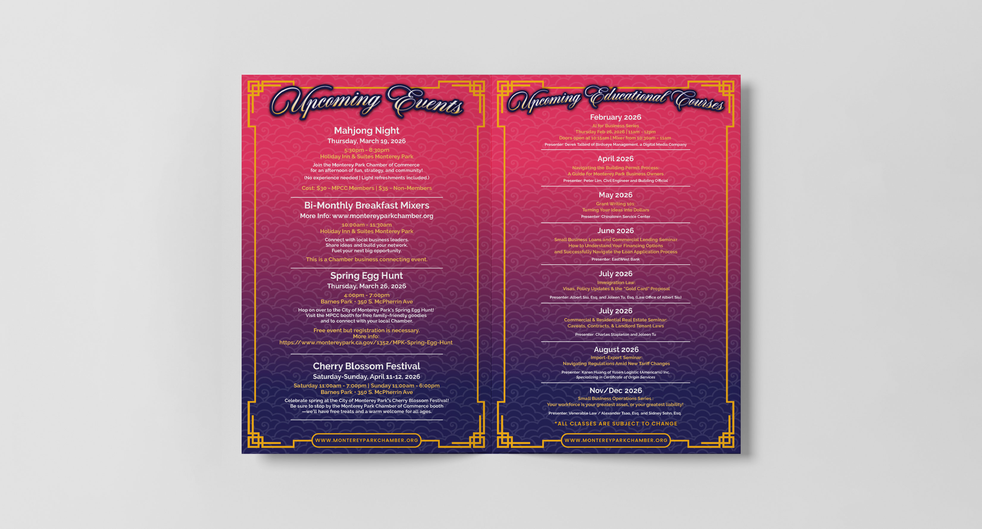 Lunar New Year booklet upcoming events and educational courses spread