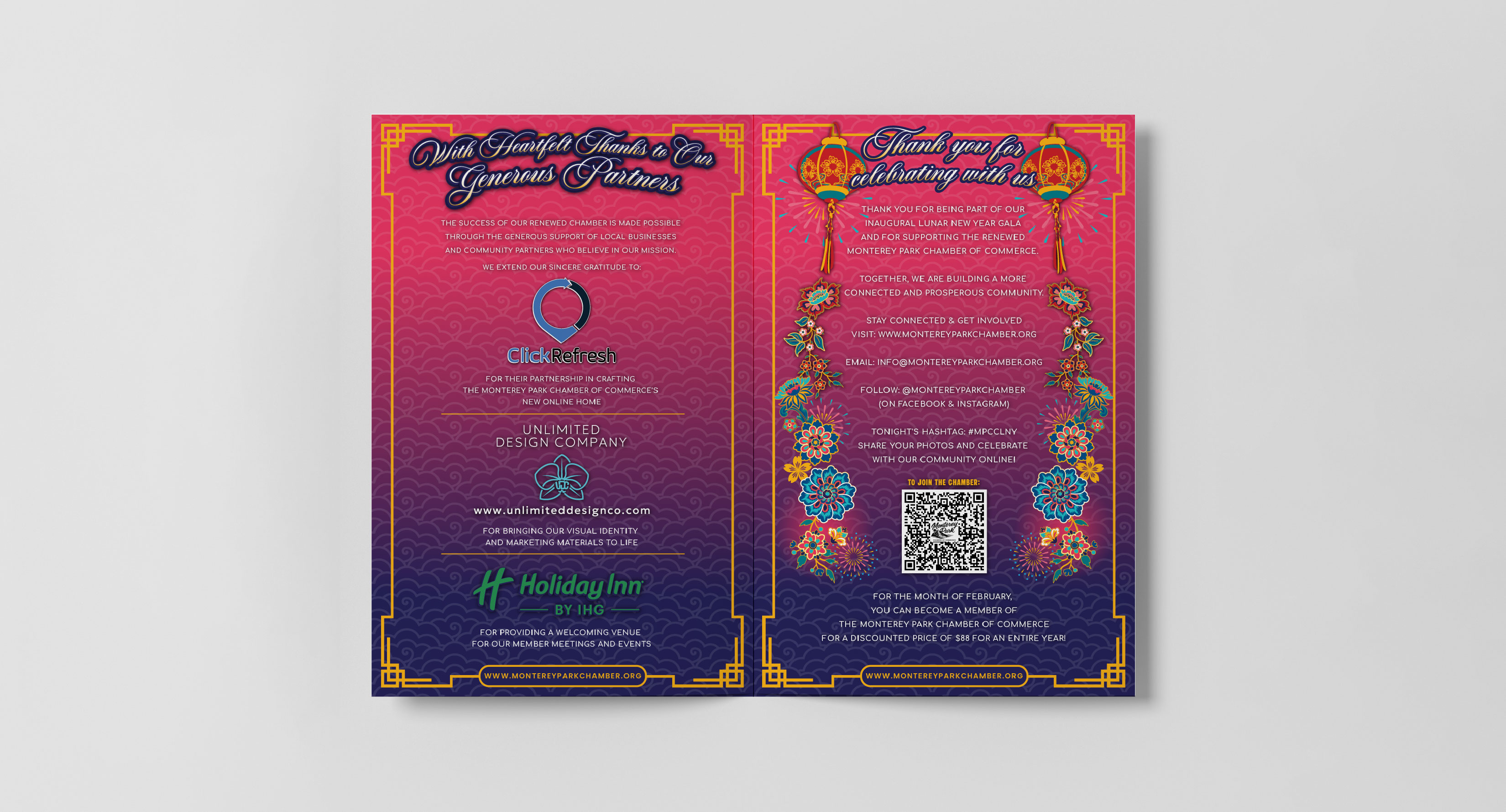 Lunar New Year booklet partner recognition and closing spread with membership QR code