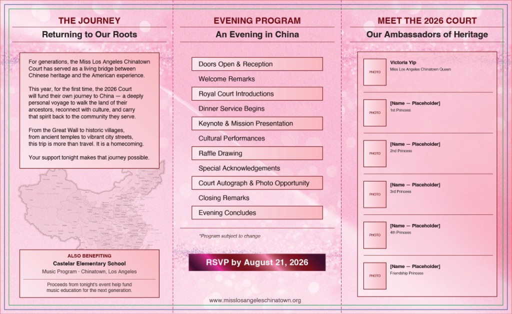 Inside of the Miss Los Angeles Chinatown brochure: the journey, evening program, and the 2026 court.