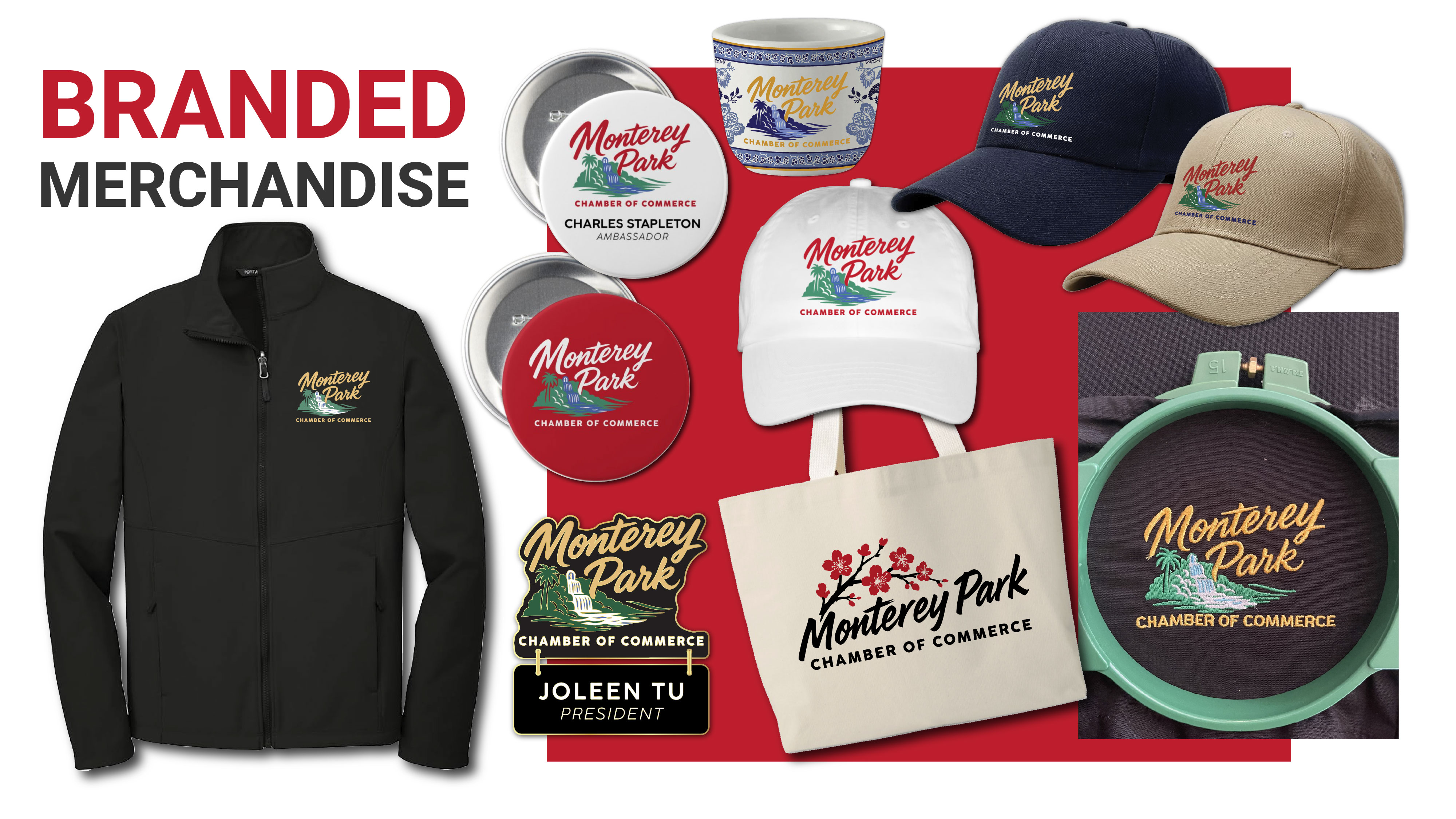 Monterey Park Chamber of Commerce branded merchandise including jackets, caps, and tote bags