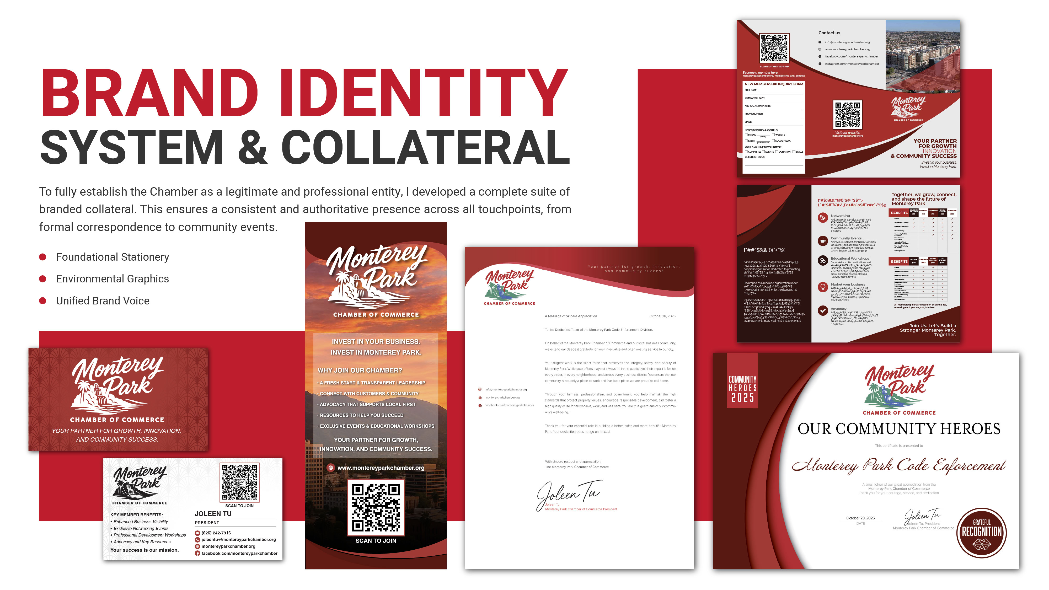 Monterey Park Chamber of Commerce brand identity collateral including business cards, brochures, and certificates