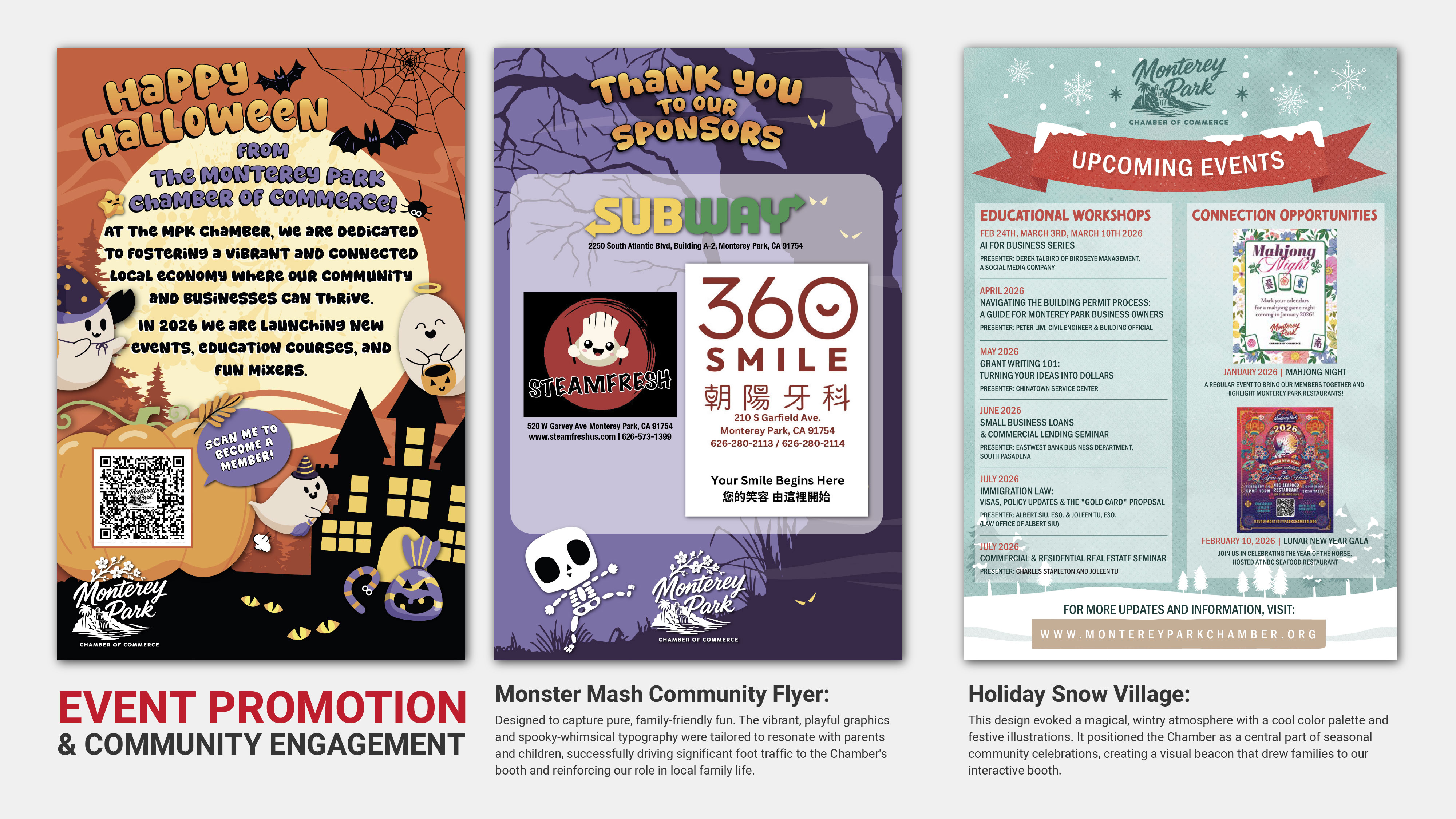 Monterey Park Chamber of Commerce event flyers for Halloween, sponsor recognition, and holiday programming