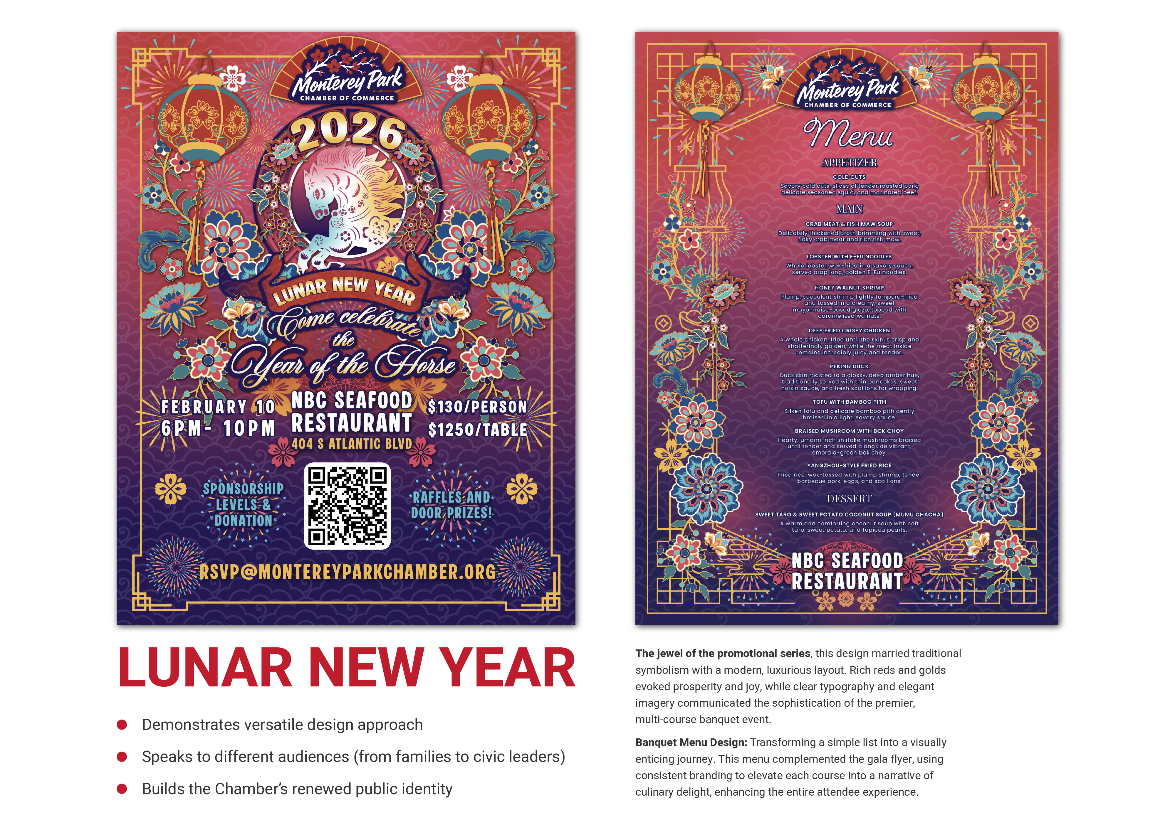 Monterey Park Chamber of Commerce Lunar New Year gala flyer and banquet menu