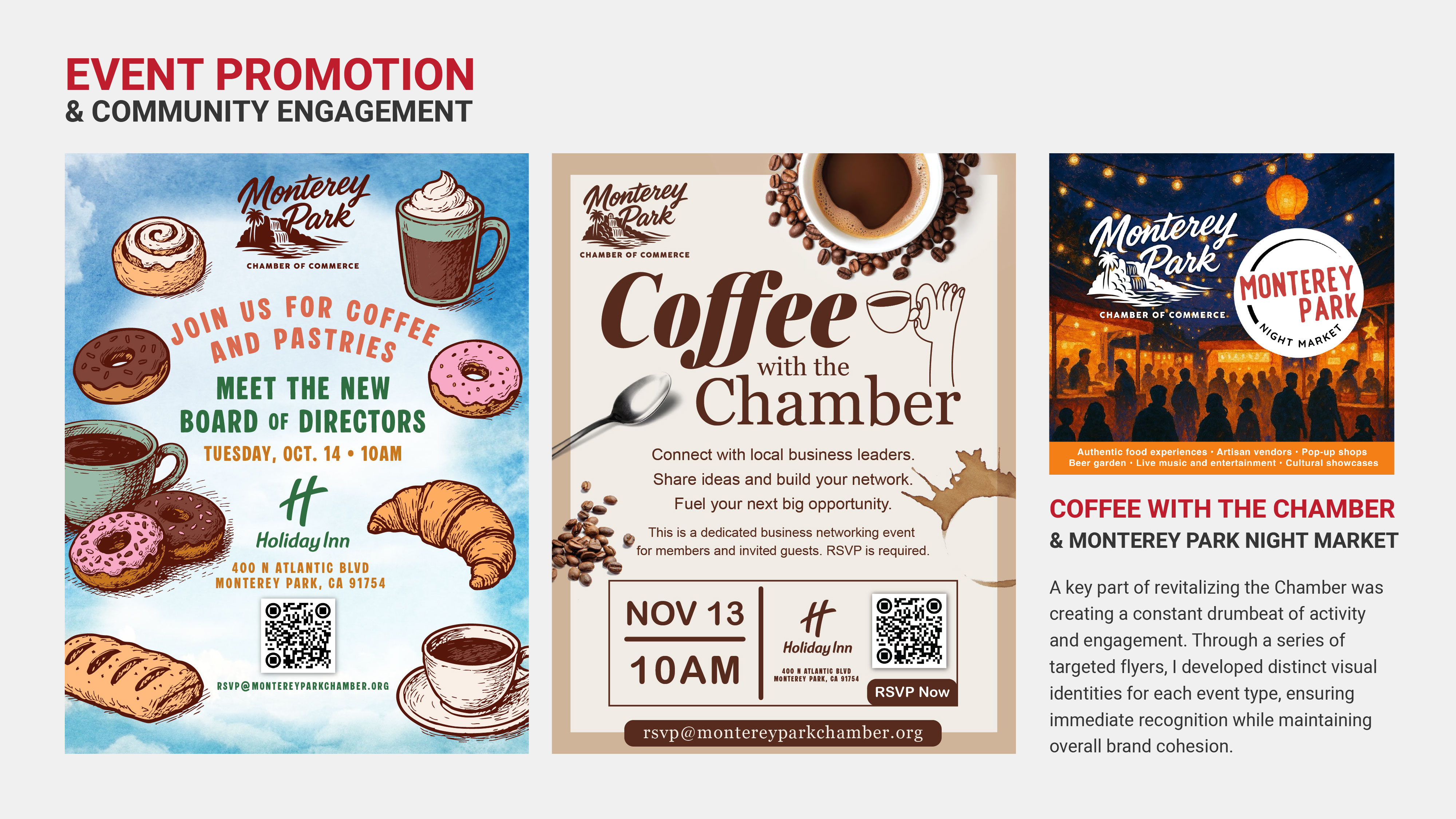 Monterey Park Chamber of Commerce coffee mixer and night market event flyers