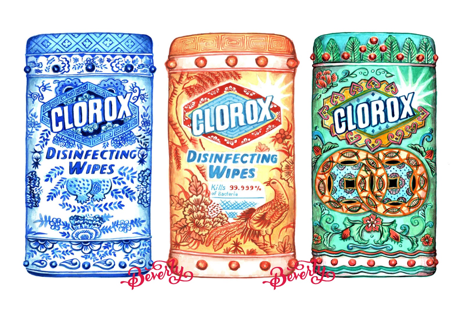 Watercolor illustration series of three Clorox disinfecting wipes canisters decorated in blue-and-white, orange peacock, and jade folk-art patterns