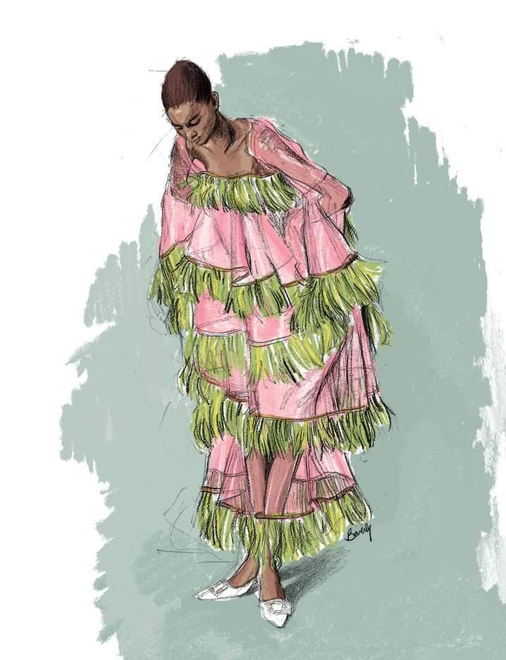 Fashion illustration of a model in a tiered pink dress trimmed with green fringe