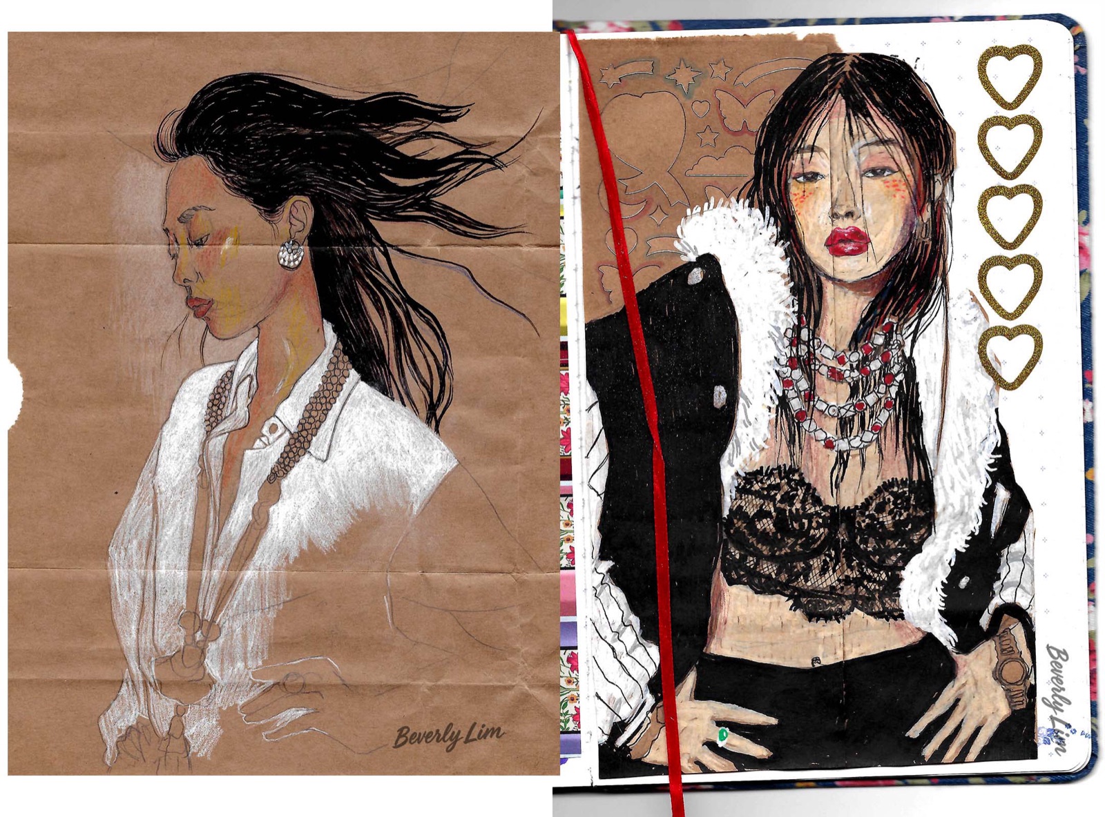 Two mixed-media fashion illustrations&mdash;a woman with flowing hair in a white blouse drawn on kraft paper, and a sketchbook figure in black lace and fur