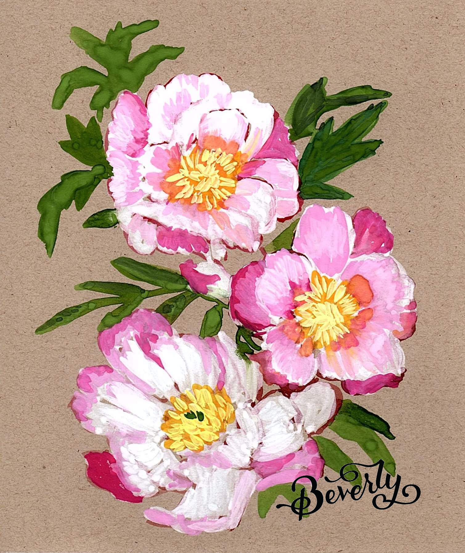 Gouache painting of pink and white peonies with green leaves on kraft paper