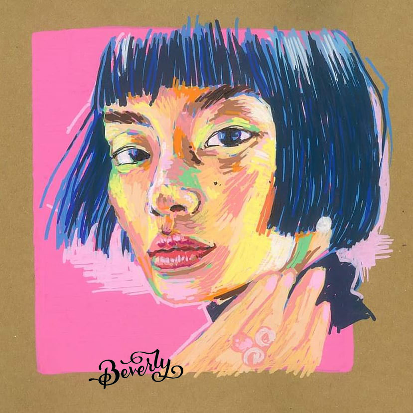Vivid gouache portrait of a woman with a blue bob on a hot-pink background