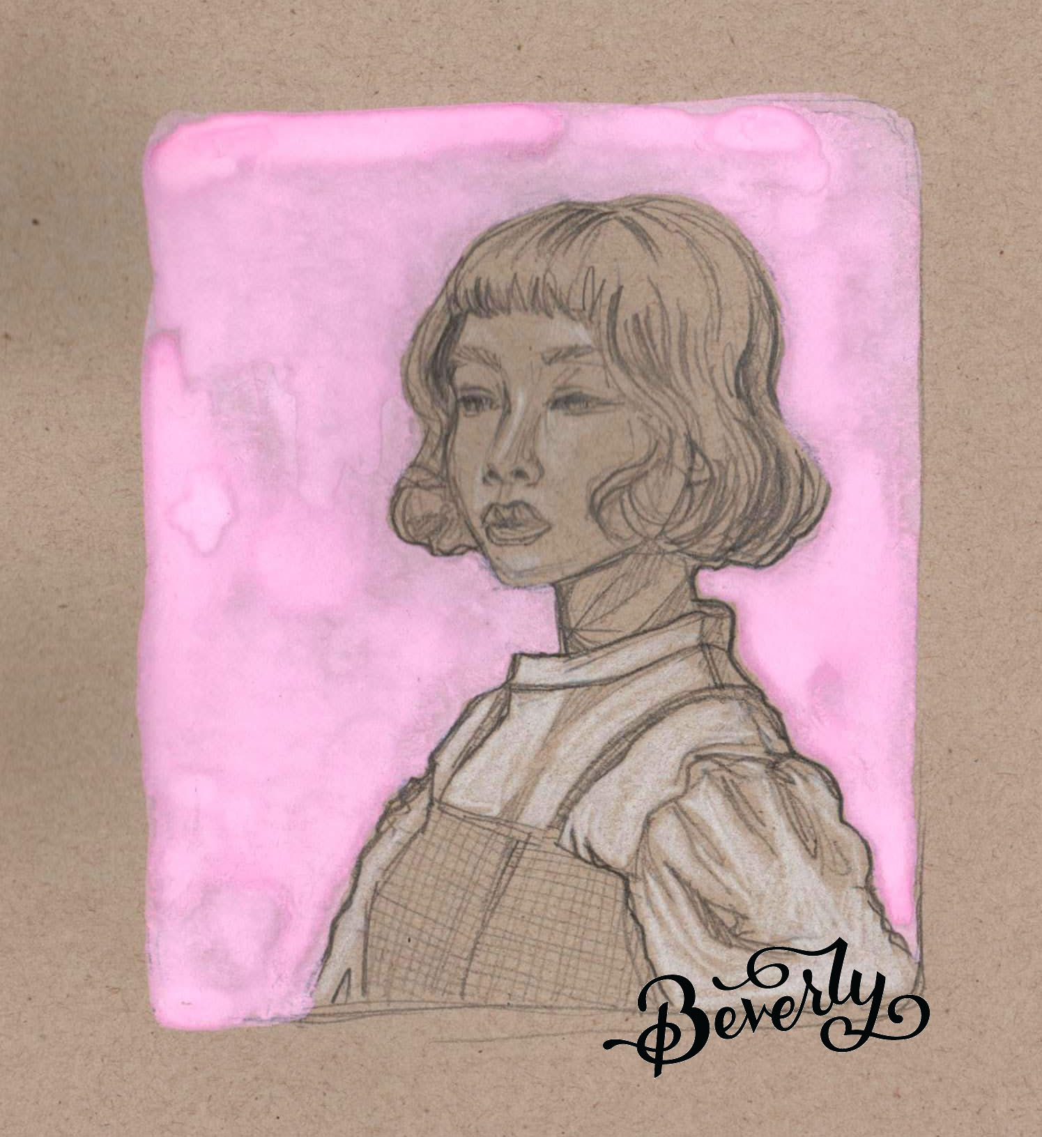 Graphite portrait of a woman in a pinafore looking over her shoulder on a pink ground