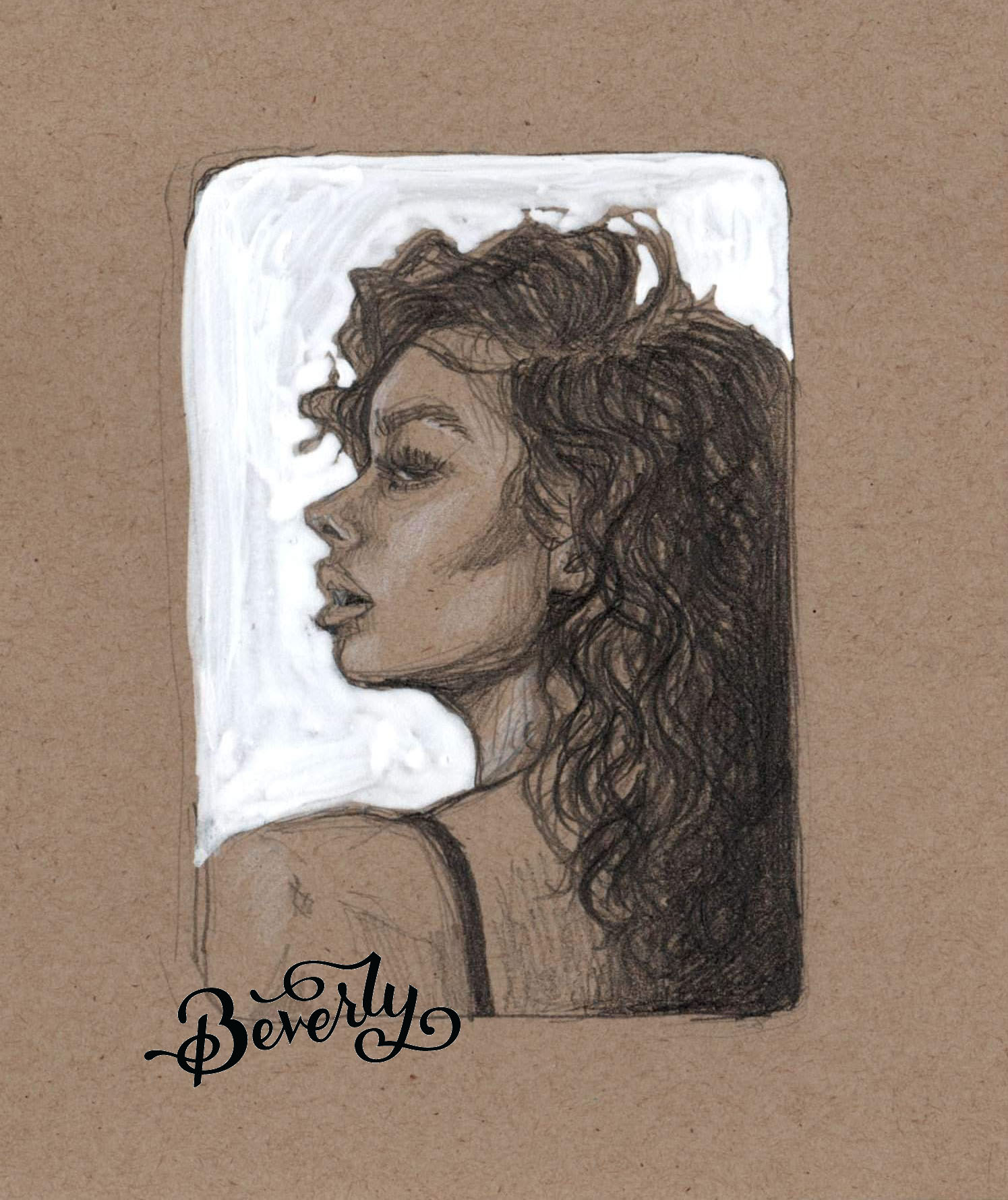 Graphite profile portrait of a woman with long curly hair on a white ground
