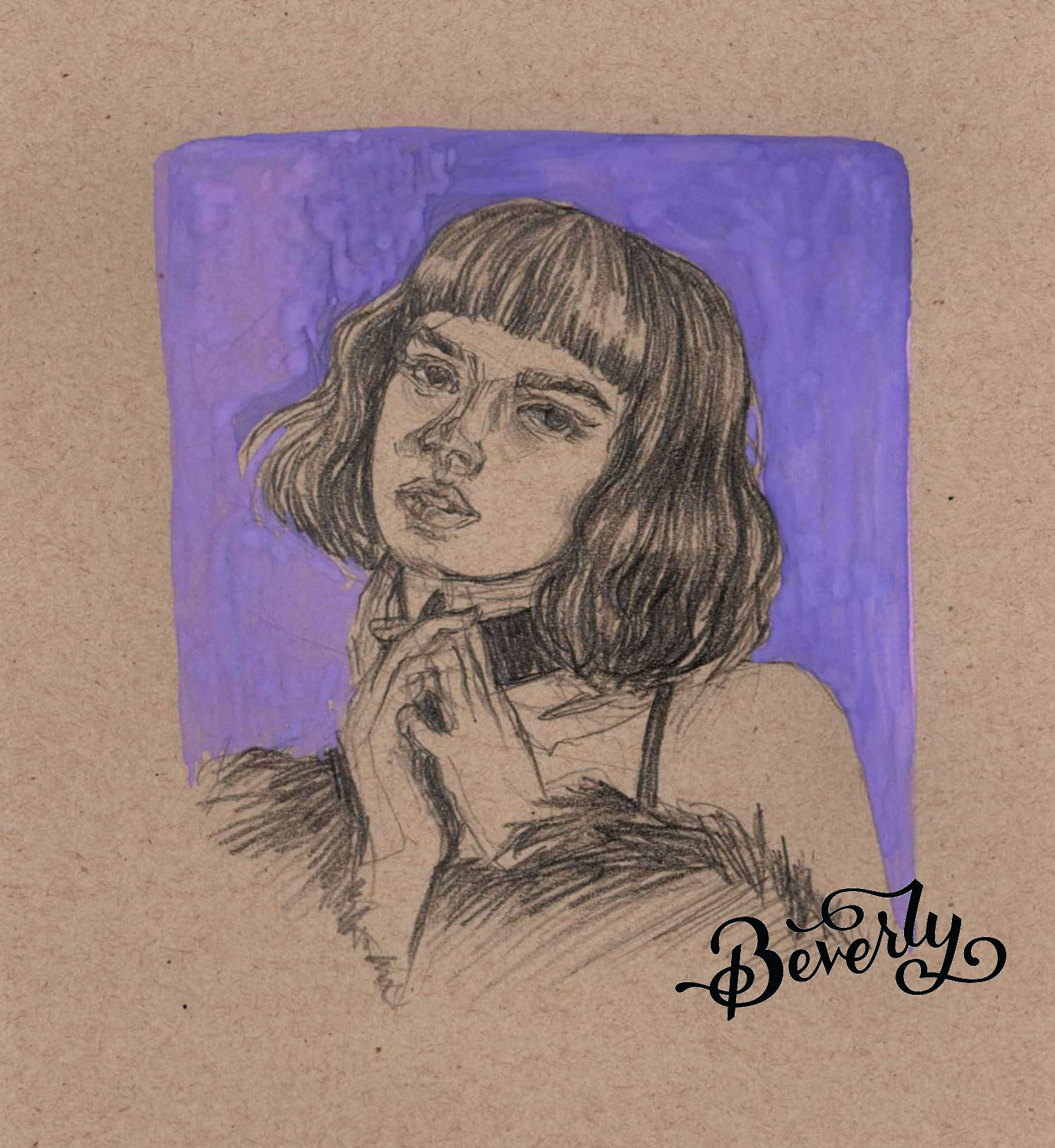 Graphite portrait of a woman with a bob, hand to her chin, on a purple painted ground