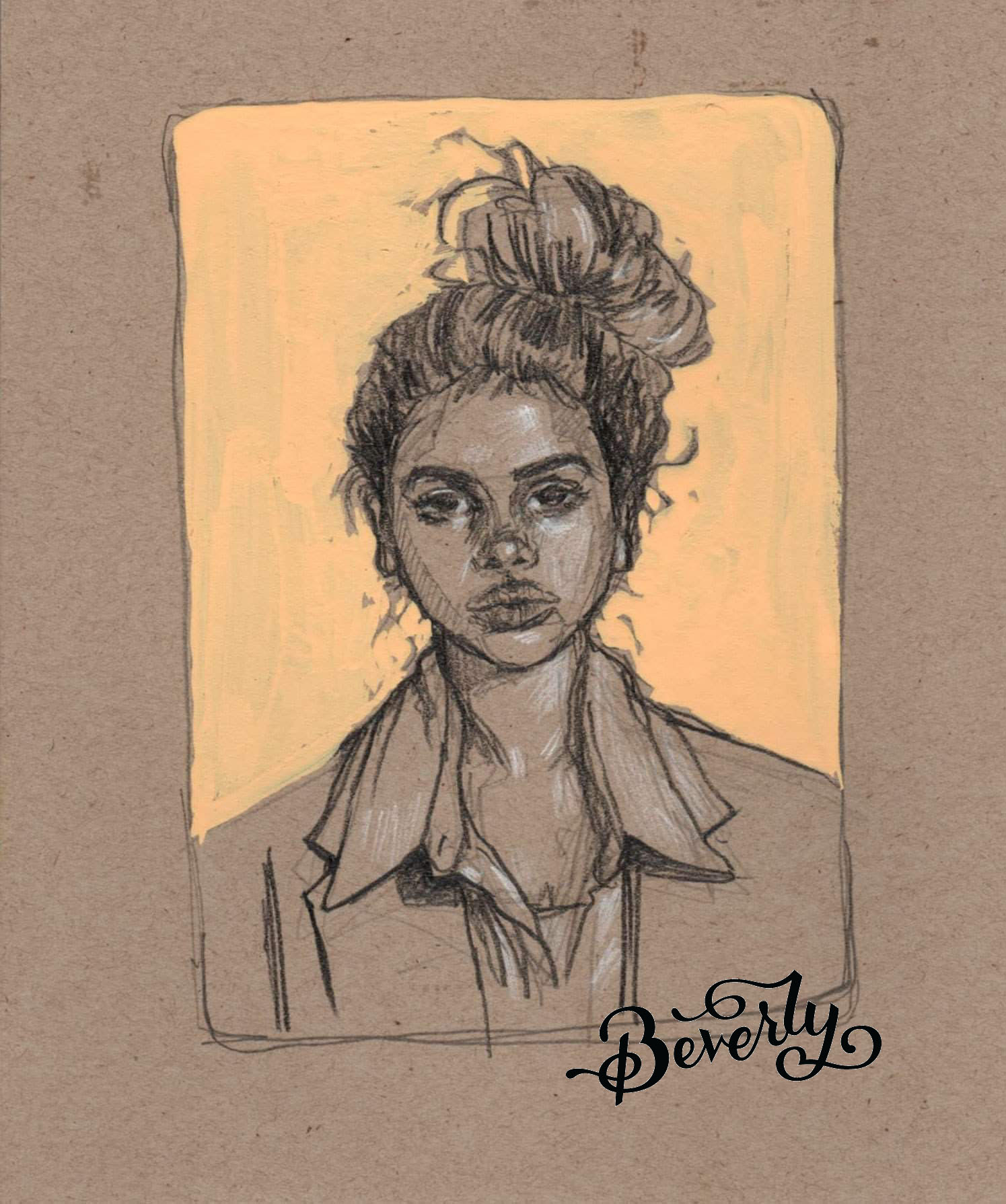 Graphite portrait of a woman with a top-knot bun and collared jacket on a warm yellow ground