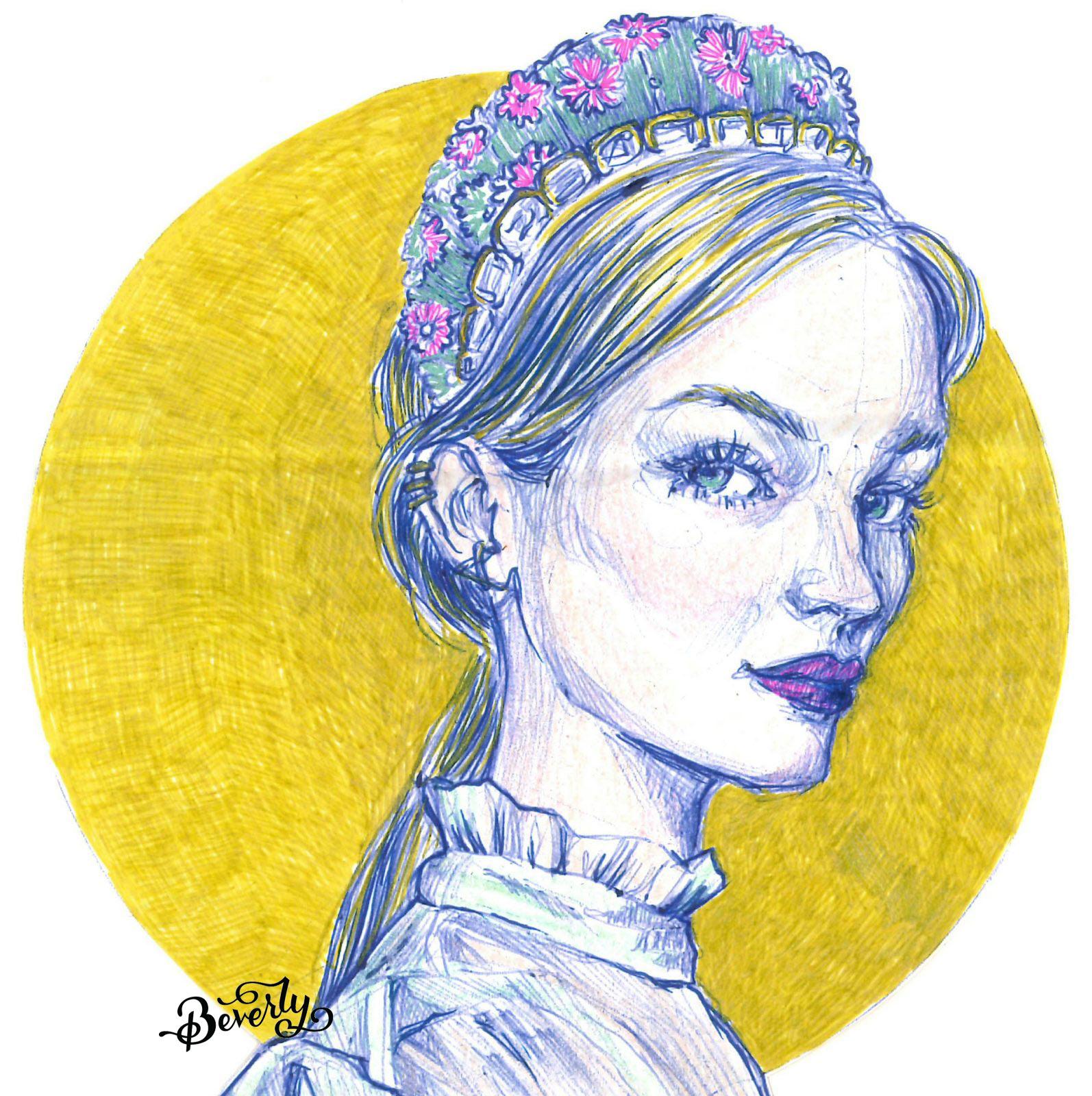 Ballpoint pen and colored pencil portrait illustration