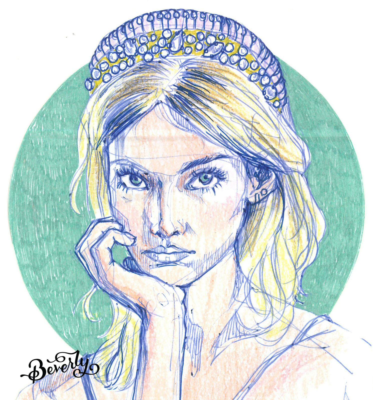 Ballpoint pen and colored pencil portrait of a woman resting her chin on her hand, wearing a jeweled headband against a green halo