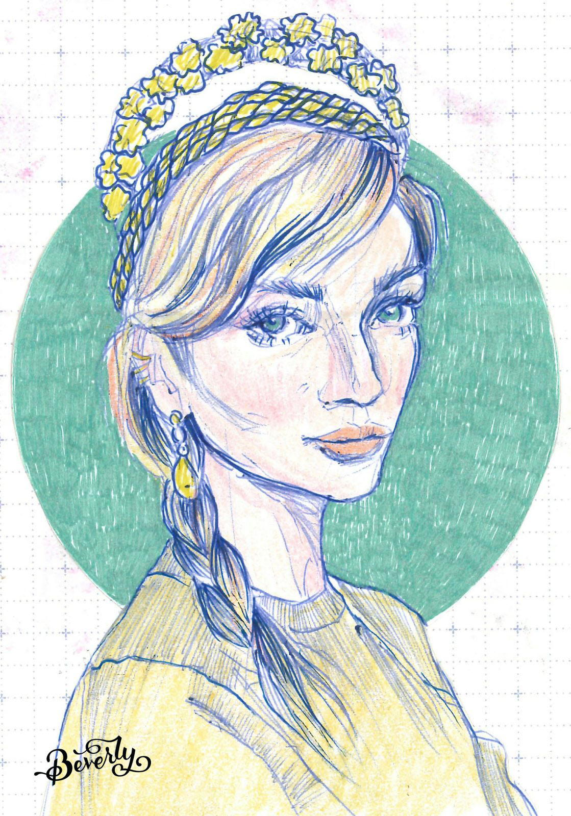 Ballpoint pen and colored pencil portrait of a woman with a braid and floral crown against a green halo