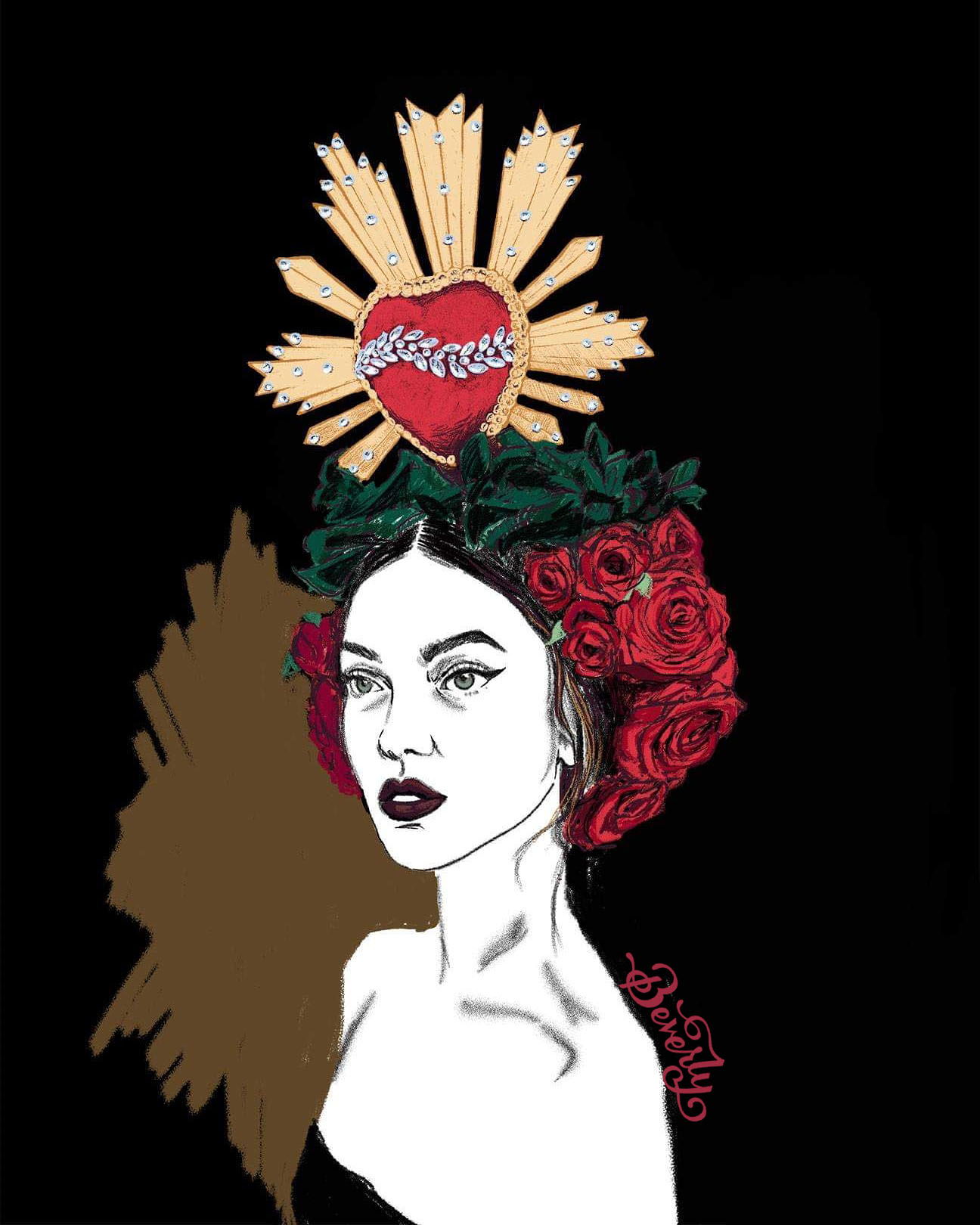 Digital illustration of a woman crowned with a golden Filipino sun and a jeweled Sacred Heart, surrounded by red roses on black