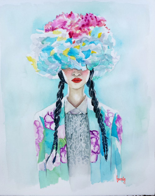 Watercolor portrait of a woman in braids beneath an oversized blue-and-pink floral hat